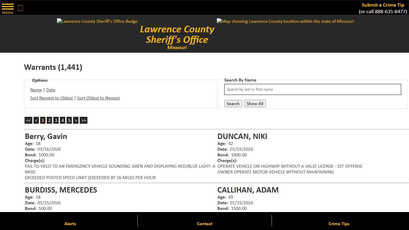 Warrants - Warrant Date - Descending - Lawrence County Sheriff MO